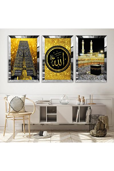 Zevahir Mobilya Dekorasyon Set de picturi din MDF triplu Kaaba și cuvântul Allah cu cadru din plexiglas cu oglindă argintie