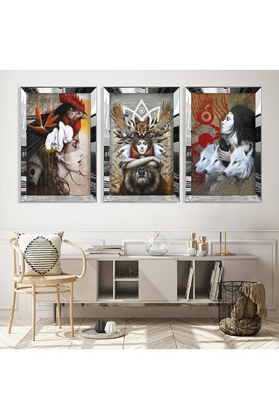 Zevahir Mobilya Dekorasyon Set de pictură din MDF triplu cu cadru din plexiglas cu oglindă argintie