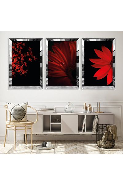 Zevahir Mobilya Dekorasyon Set de masă din MDF triplu cu flori roșii cu cadru din plexiglas cu oglindă argintie