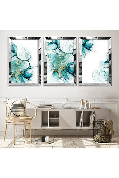 Zevahir Mobilya Dekorasyon Set de picturi din MDF triplu cu model abstract triplu cu cadru din plexiglas cu oglindă argintie
