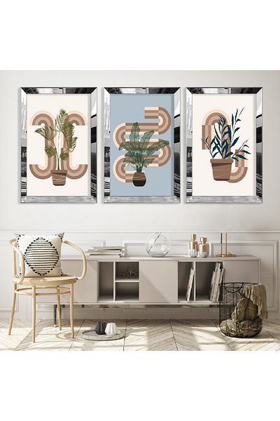 Zevahir Mobilya Dekorasyon Set de picturi din MDF triplu cu model abstract triplu floral minimalist cu cadru din plexiglas cu oglindă argintie