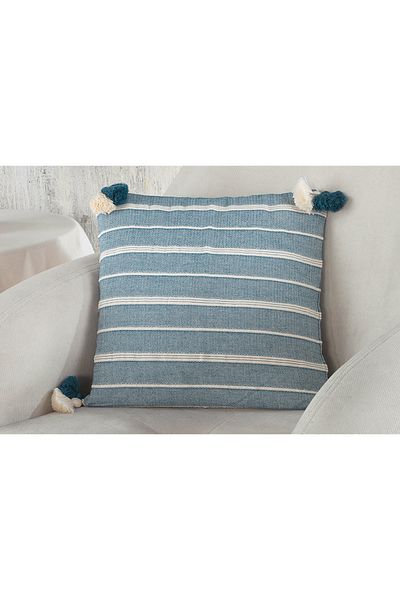 ÖDEL HOME وسادة رمي منقوشة باللون الأزرق البترولي مع بوم بوم مقاس 40 × 40 سم