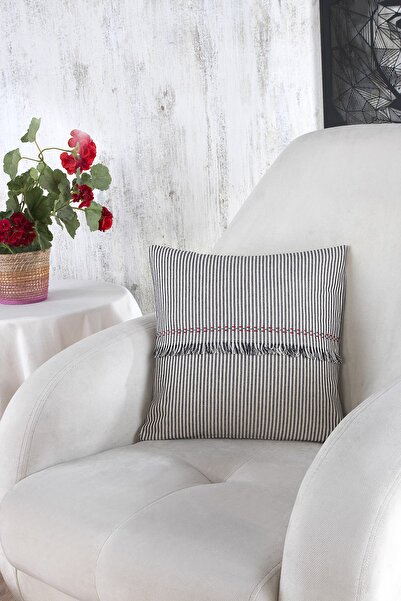 ÖDEL HOME وسادة رمي مخططة ومزخرفة بشراشيب مقاس 40 × 40 سم