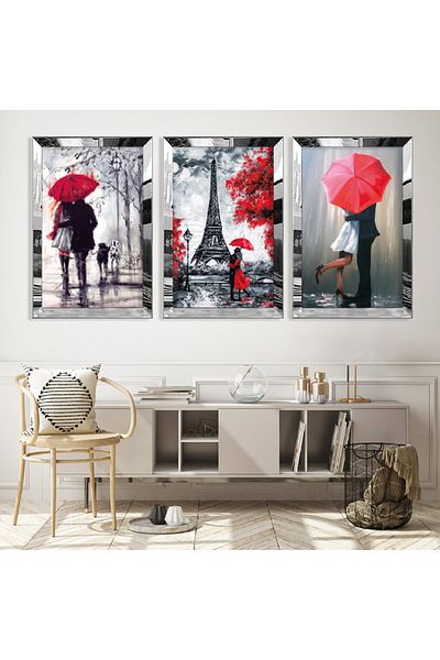 Zevahir Mobilya Dekorasyon Set de masă din MDF Paris Loves cu cadru din plexiglas cu oglindă argintie