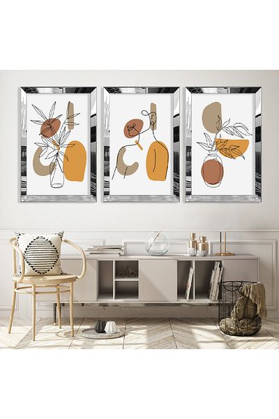 Zevahir Mobilya Dekorasyon Set de picturi din MDF triplu cu model abstract triplu minimalist cu cadru din plexiglas cu oglindă argintie