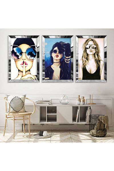 Zevahir Mobilya Dekorasyon Set de pictură MDF triplu pentru femei cu ochelari cu rame din plexiglas cu oglindă argintie