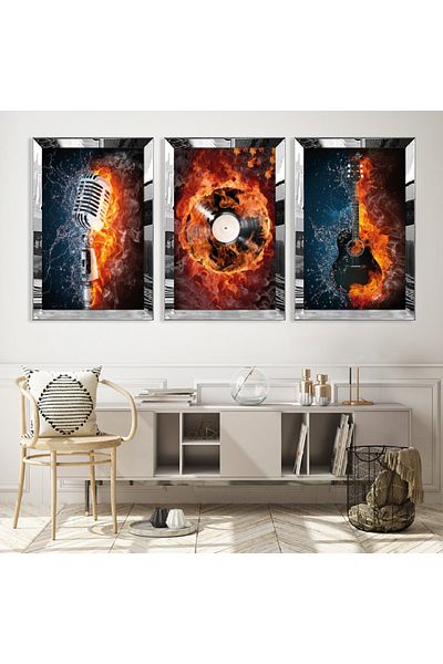 Zevahir Mobilya Dekorasyon Set de masă din MDF cu triplu muzical cu flacără, cu cadru din plexiglas cu oglindă argintie