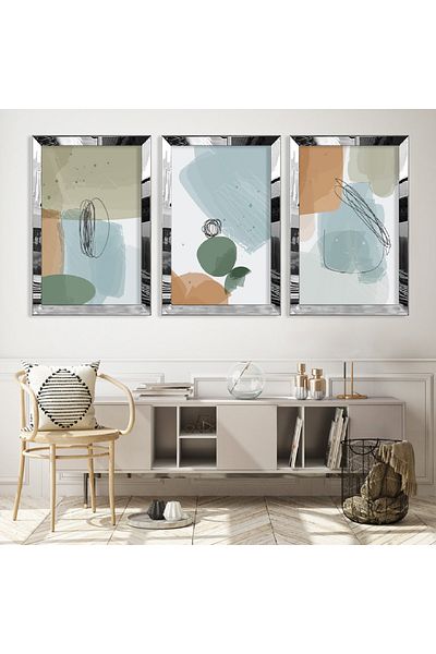 Zevahir Mobilya Dekorasyon Set de picturi din MDF triplu cu model abstract triplu cu cadru din plexiglas cu oglindă argintie