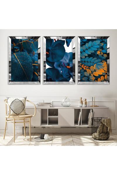 Zevahir Mobilya Dekorasyon Blue Plant Triple Mdf Table Set with Silver Mirror...