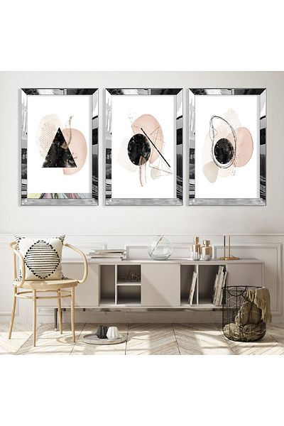 Zevahir Mobilya Dekorasyon Set de pictură triplu MDF cu forme triplu abstracte cu cadru din plexiglas cu oglindă argintie