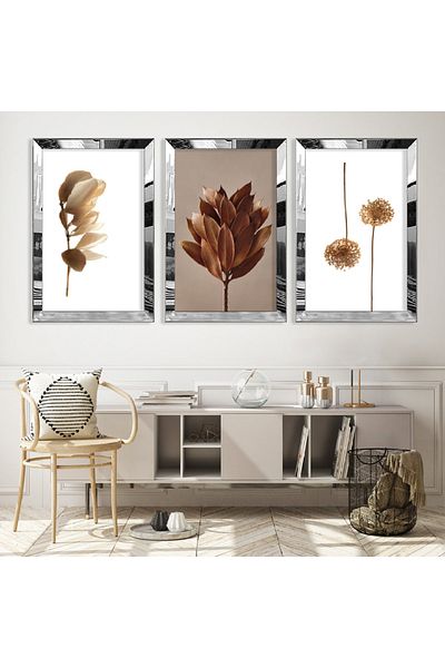Zevahir Mobilya Dekorasyon Set de masă din MDF triplu cu flori uscate cu cadru din plexiglas cu oglindă argintie