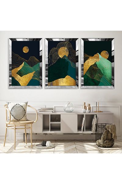 Zevahir Mobilya Dekorasyon Set de pictură din MDF triplu de munte cu model abstract triplu cu cadru din plexiglas cu oglindă argintie