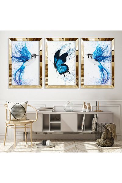Zevahir Mobilya Dekorasyon Σετ τριπλό τραπέζι MDF Blue Butterfly με χρυσό καθρέφτη από πλεξιγκλάς