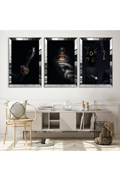 Zevahir Mobilya Dekorasyon Set de masă triplu MDF pentru femei negre cu cadru din plexiglas cu oglindă argintie