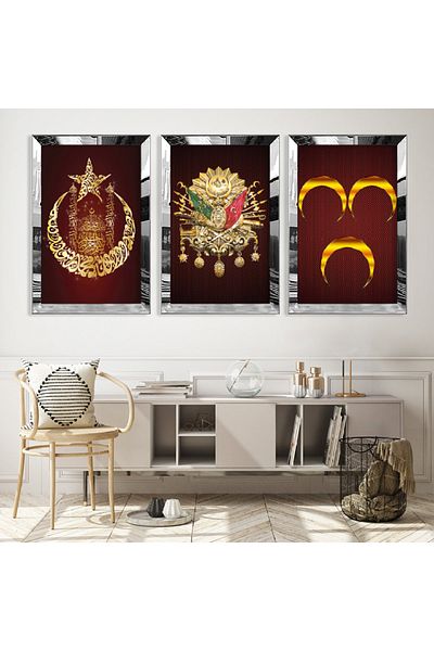 Zevahir Mobilya Dekorasyon Set de masă din MDF triplu Tughra otomană cu cadru din plexiglas cu oglindă argintie