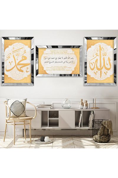Zevahir Mobilya Dekorasyon Set de picturi din MDF triplu religios Hadis cu cadru din plexiglas cu oglindă argintie