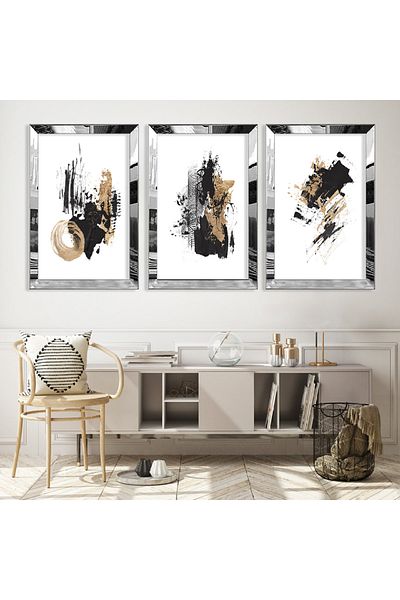 Zevahir Mobilya Dekorasyon Set de pictură triplu MDF cu forme triplu abstracte cu cadru din plexiglas cu oglindă argintie