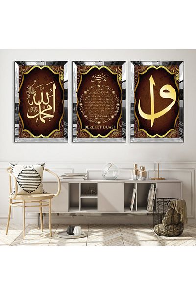 Zevahir Mobilya Dekorasyon Set de pictură din MDF triplu cu cadru din plexiglas cu oglindă argintie
