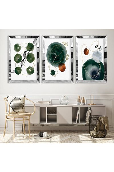 Zevahir Mobilya Dekorasyon Set de picturi din MDF triplu cu model abstract triplu cu cadru din plexiglas cu oglindă argintie