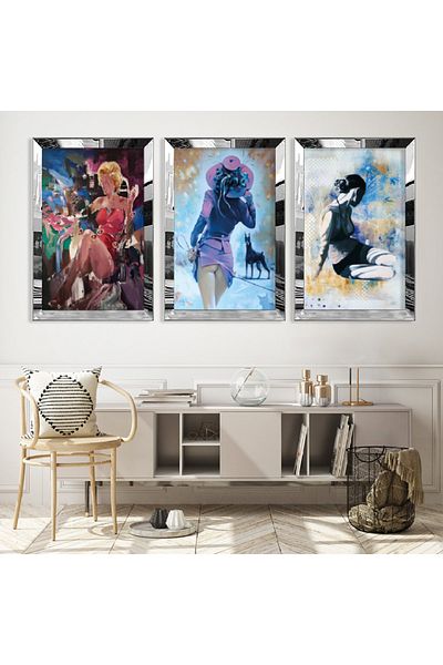 Zevahir Mobilya Dekorasyon Set de pictură MDF triplu pentru femei, cu cadru din plexiglas cu oglindă argintie