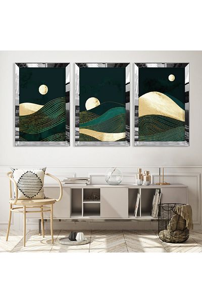 Zevahir Mobilya Dekorasyon Set de pictură din MDF cu cadru din plexiglas cu oglindă argintie, peisaj de munte, model abstract triplu