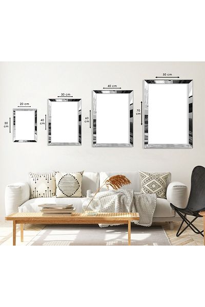 Zevahir Mobilya Dekorasyon Σετ Τριπλό Τραπέζι MDF Art Modern με ασημί καθρέφτη από πλεξιγκλάς