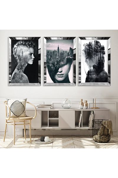 Zevahir Mobilya Dekorasyon Set de masă MDF Triple Thought cu cadru din plexiglas cu oglindă argintie