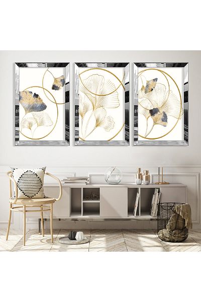 Zevahir Mobilya Dekorasyon Set de picturi din MDF triplu abstract cu model minimalist cu cadru din plexiglas cu oglindă argintie