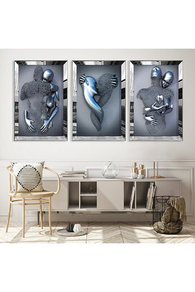 Zevahir Mobilya Dekorasyon Σετ Τριπλό Τραπέζι MDF Art Modern με ασημί καθρέφτη από πλεξιγκλάς