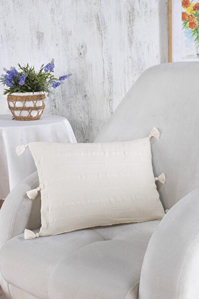 ÖDEL HOME Natural Corded Line Patterned Pompom 35X50 cm Throw Pillow