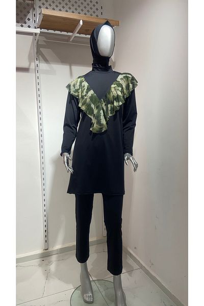 GİZGİYİM Black Green Valon 3 Piece Hijab Swimsuit Large Size