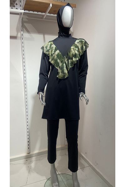 GİZGİYİM Black Green Valon 3 Piece Hijab Swimsuit Large Size