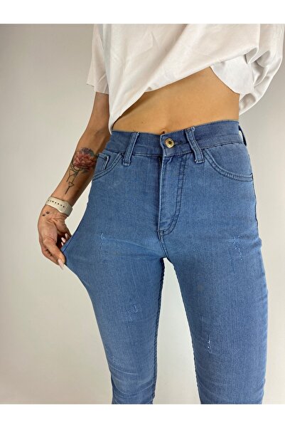 fabbwomen Buz Mavisi Dar Paça Yüksek Bel Pantolon