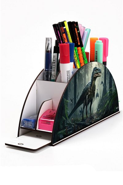 kutuTR Wooden Vip Dragon And Dinosaur Series Rainbow Ruled Desktop Pen Holder Organizer Assembled Boxed