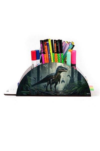 kutuTR Wooden Vip Dragon And Dinosaur Series Rainbow Ruled Desktop Pen Holder Organizer Assembled Boxed