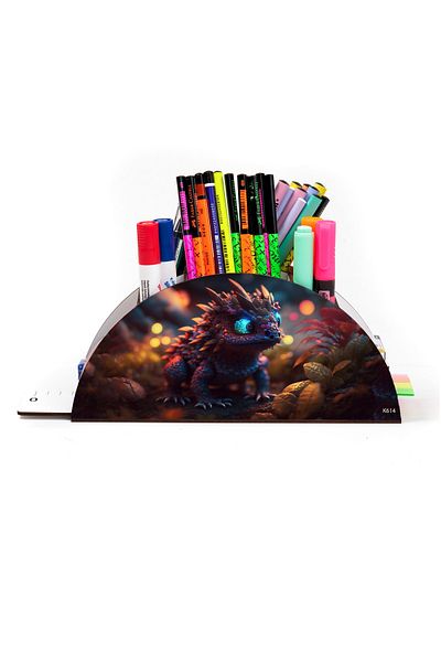 kutuTR Wooden Vip Dragon And Dinosaur Series Rainbow Ruled Desktop Pen Holder Organizer Assembled Boxed