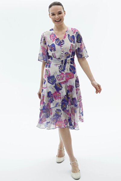 Genel Markalar Önü Düğmeli Eteği Volanlı Sulu Boya Desen Elbise - FUŞYA