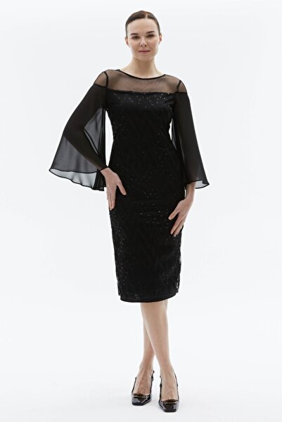 Selen Giyim Kolu Şifon Dökümlü Üstü Tül Payetli Elbise