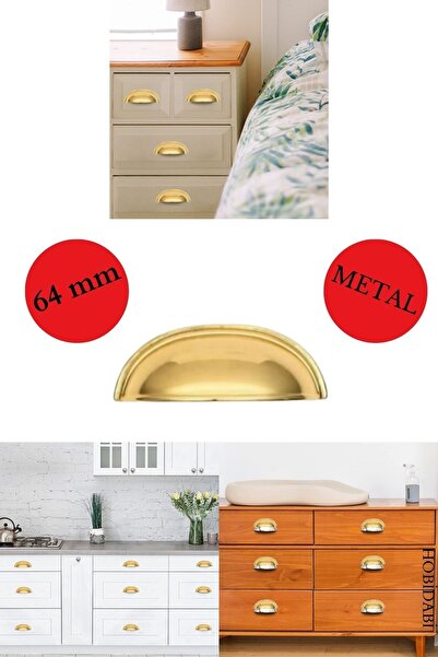 HOBİDABİ Altın Sarı Tas Mobilya Kulpu Midye Çanak 64 Mm 1 Adet Dolap Çekmece Vestiyer