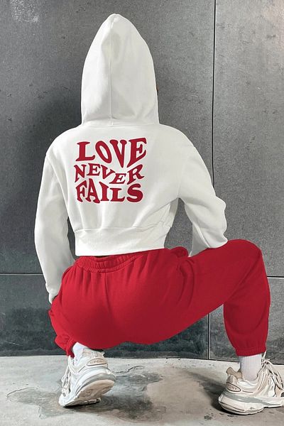 MODAGEN Γυναικεία Κόκκινη Λευκή Love Print Oversize Σετ αθλητικής φόρμας στο κάτω μέρος με ζακέτα Crop