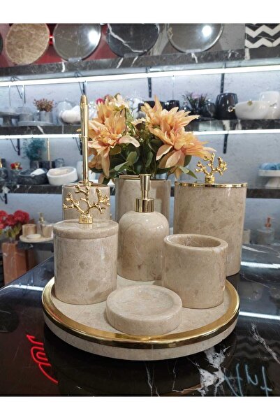 Sümeyra Marble Art Luxury Beıge Golden - Doğal Bej Mermer Banyo Seti | 7 Parç...