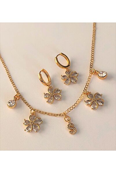 soiestore Beyaz Zirkon Çiçek Altın Kaplama Kolye Küpe Choker Set