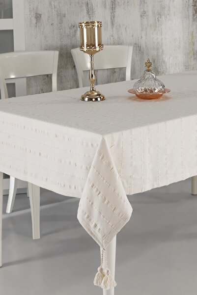 ÖDEL HOME مفرش طاولة من قماش بولدان بتفاصيل بوم بوم مخططة