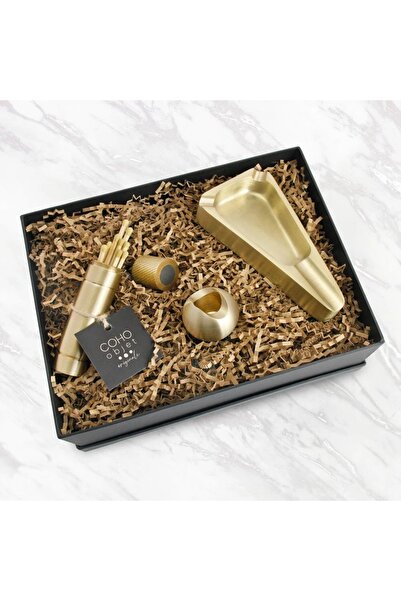 Genel Markalar Box Brazen Döküm Prinç Puroluk &amp; Kibritlik &amp; Puro Standı Hediye Seti