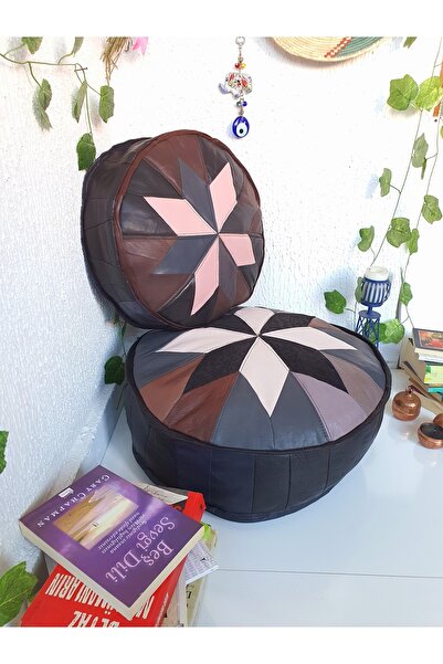 Ottoman Pouffe El Yapımı Hakiki Deri Bahçe Balkon Puf Yer Minderi 50 Ve 40cm(...