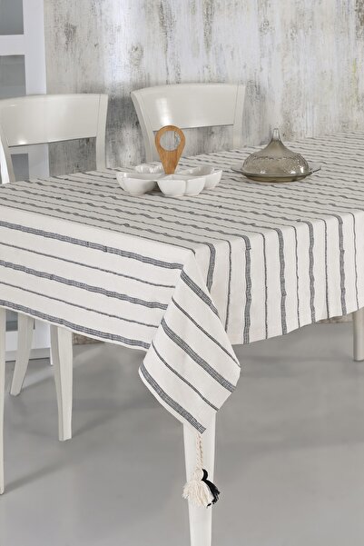 ÖDEL HOME مفرش طاولة من قماش بولدان بتفاصيل بوم بوم مخططة