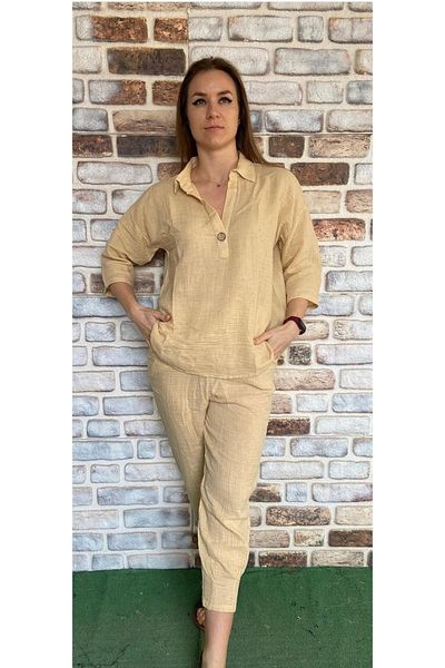 Z&N STYLE 100% Cotton Capri Sleeves Top and Bottom Summer Thin Muslin Fabric Set (2 Pieces)