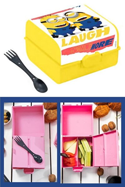 Flosoft Lisanslı Minions Düğmeli Matara Ve Beslenme Kutusu, Minyonlar 3 Bölmeli Okul Kabı Ve Suluğu 2’li Set