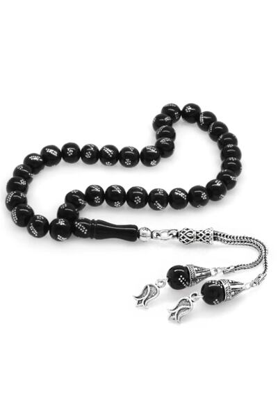 TAŞHAN Gümüş Lale Püsküllü Gümüş Işlemeli Küre Kesim Oltu Taşı Tesbih