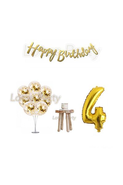 LOTUS PARTY Σετ γενεθλίων 4 ετών Gold Minimal Stand Balloon Gold Foil Balloon Gold Sequin Balloon Gold Happy Birthday